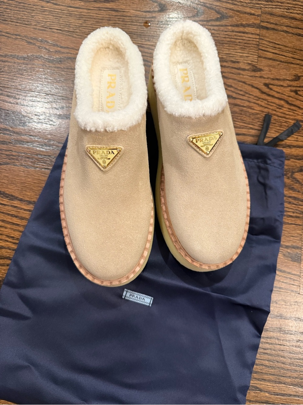 Prada Beige Suede Shearling Slip-On Slippers with Gold Logo